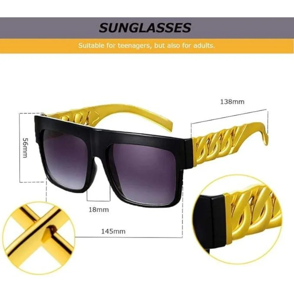 Sunglasses Black Gold‎ Chain Accent UV400 Protection Fashion Hip Hop Dark Lens